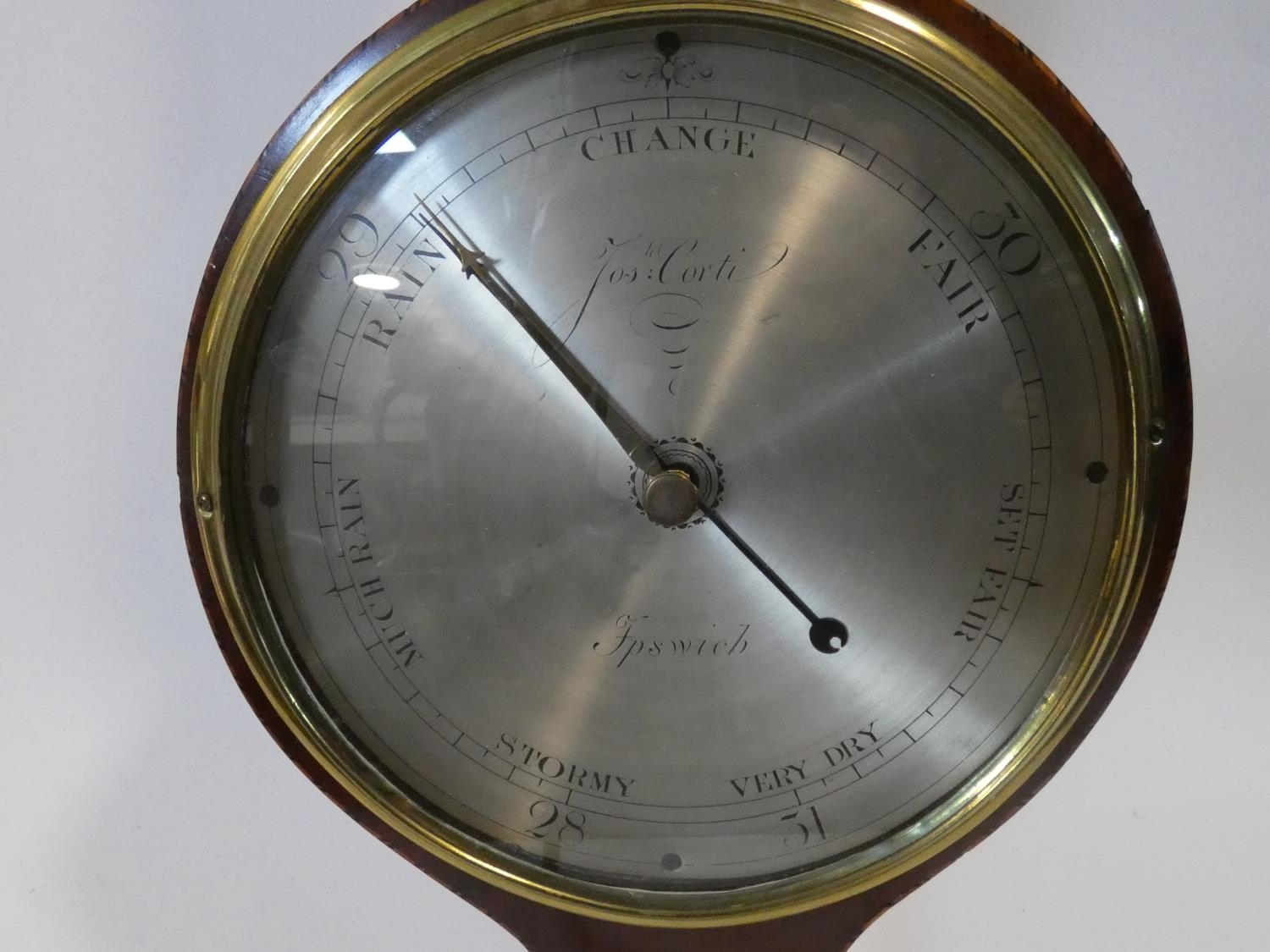 A George III mahogany banjo barometer inlaid with satinwood and olivewood oval shells and - Image 2 of 12