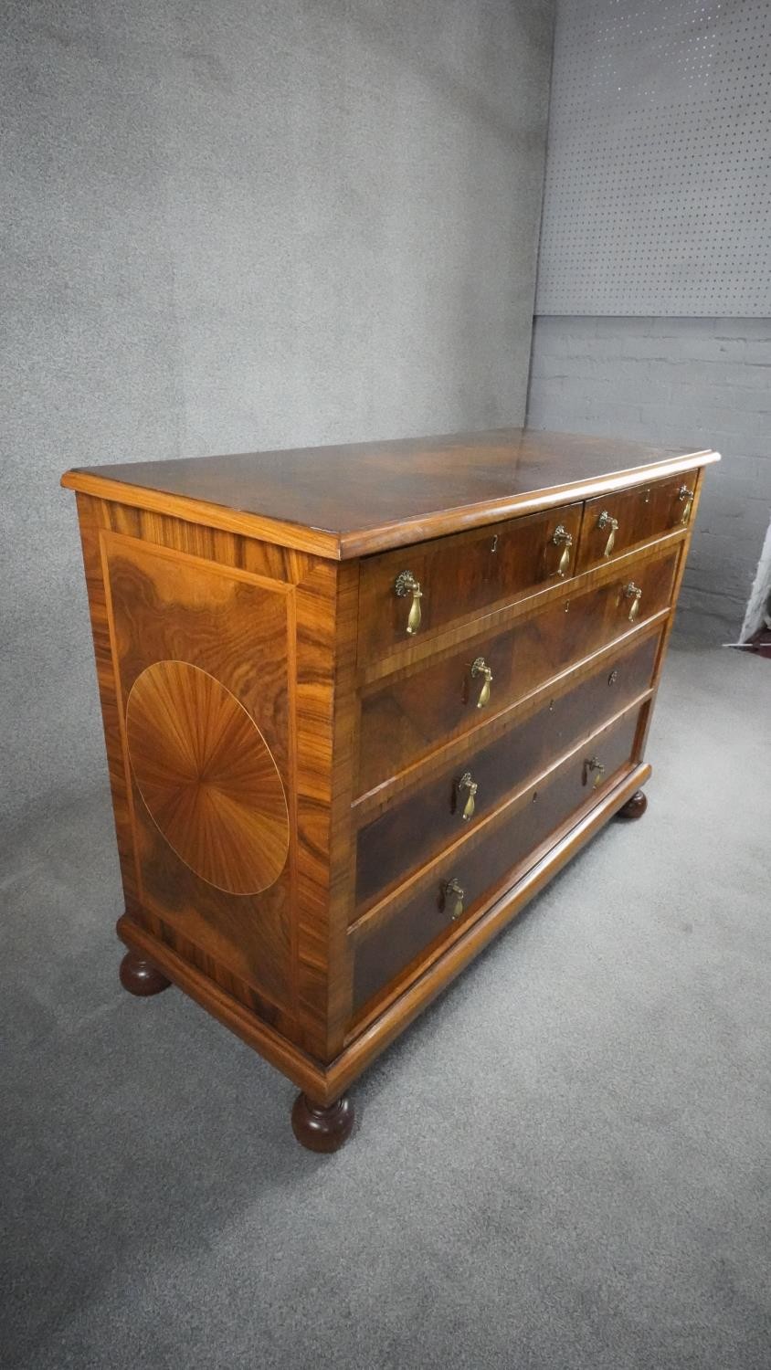 A William and Mary style oyster veneer chest with walnut crossbanding and satinwood stringing and - Image 9 of 12