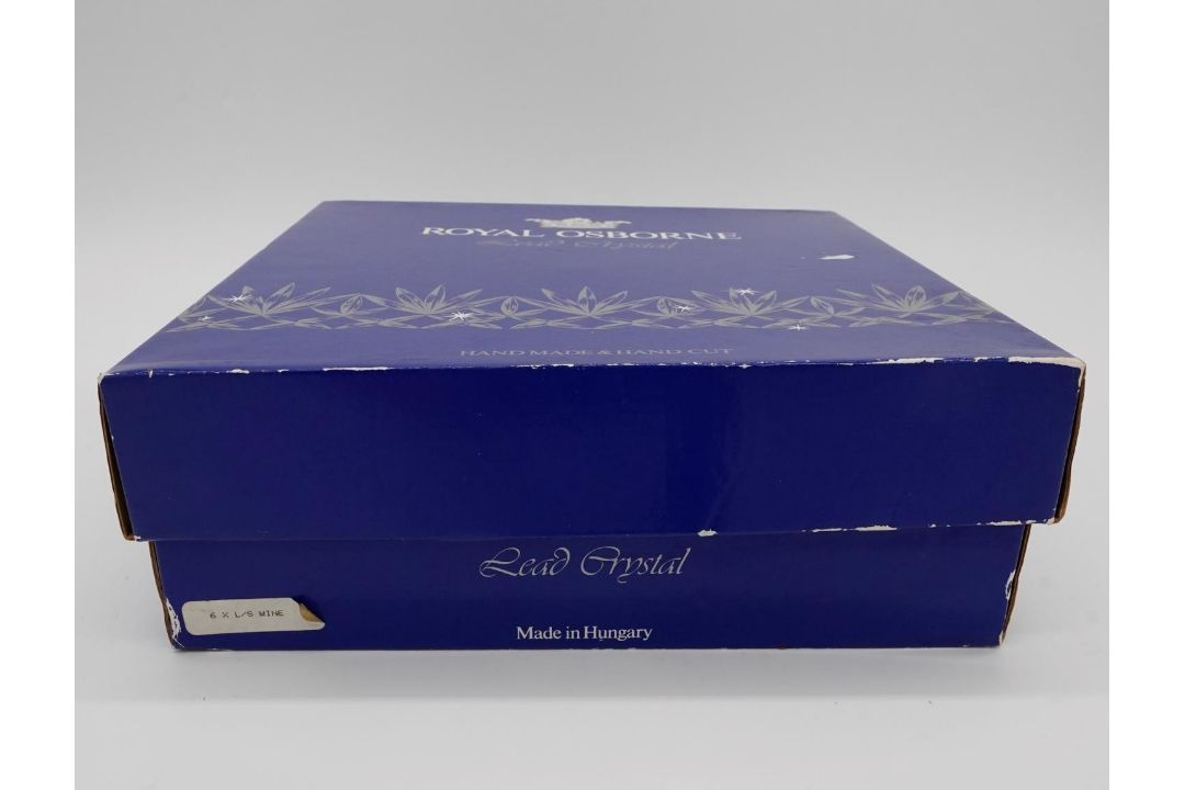 A boxed set of six Royal Osbourne cut lead crystal wine glasses with star cut bases, with labels and - Image 6 of 10