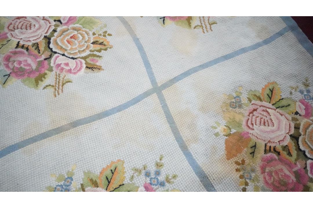 A duck egg blue needlepoint carpet with geometric motifs. H.400 W.494 - Image 6 of 7