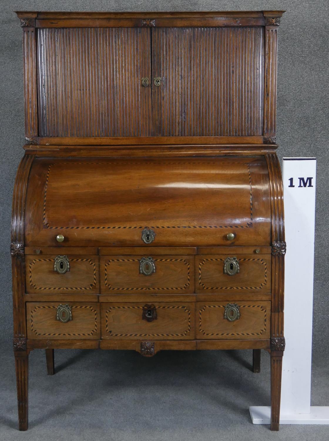 A 19th century Continental mahogany and ebony and satinwood inlaid cylinder bureau cabinet with - Image 5 of 5
