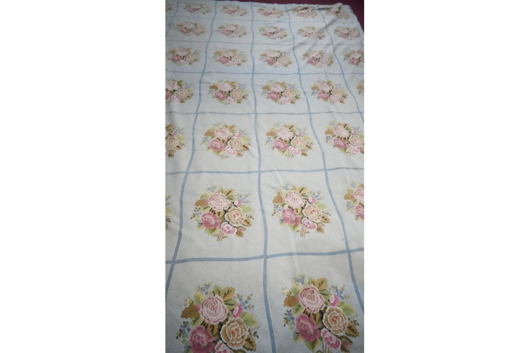 A duck egg blue needlepoint carpet with geometric motifs. H.400 W.494 - Image 1 of 7