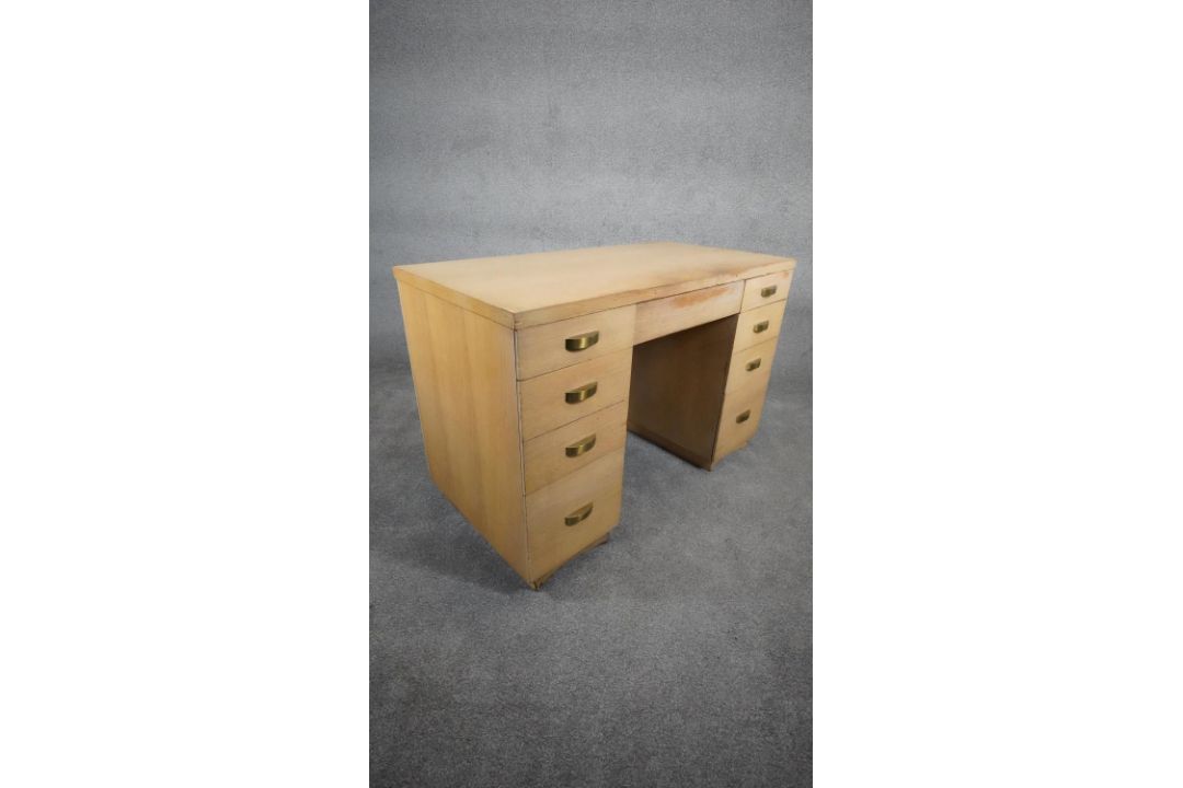 A mid century vintage limed oak pedestal desk with two banks of drawers and central frieze drawer - Image 3 of 9