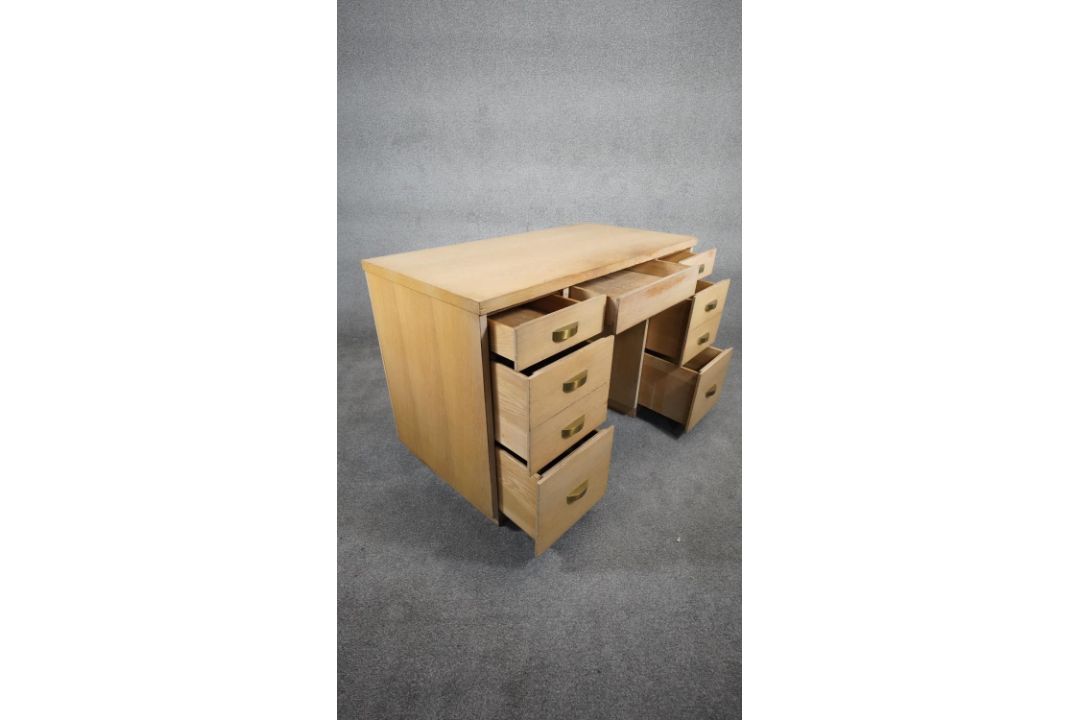A mid century vintage limed oak pedestal desk with two banks of drawers and central frieze drawer - Image 6 of 9