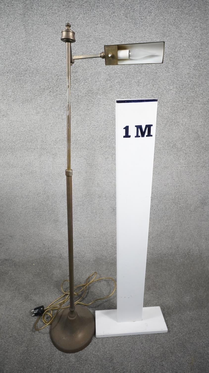 A vintage solid brass height adjustable swing arm floor lamp with triangular shade and circular - Image 6 of 6