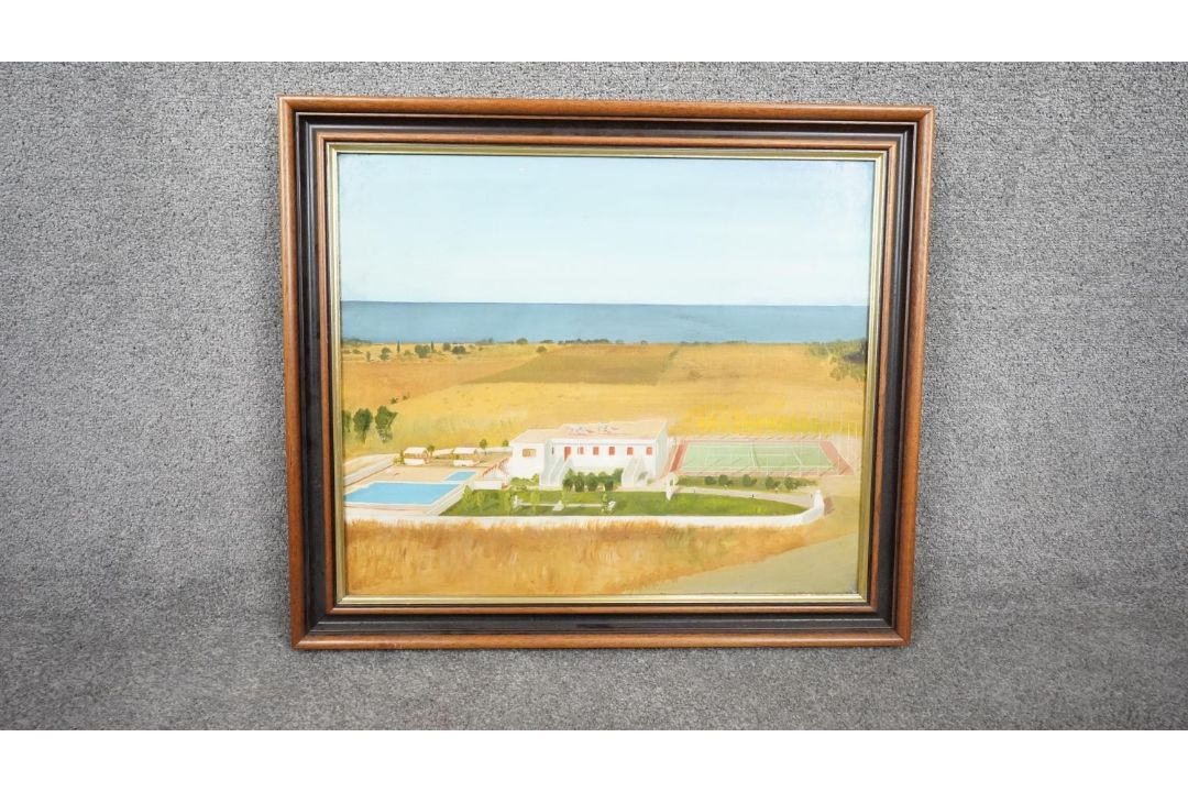 A framed mid century oil on canvas of a landscape with housing and a tennis court. Unsigned. H.62 - Image 2 of 4