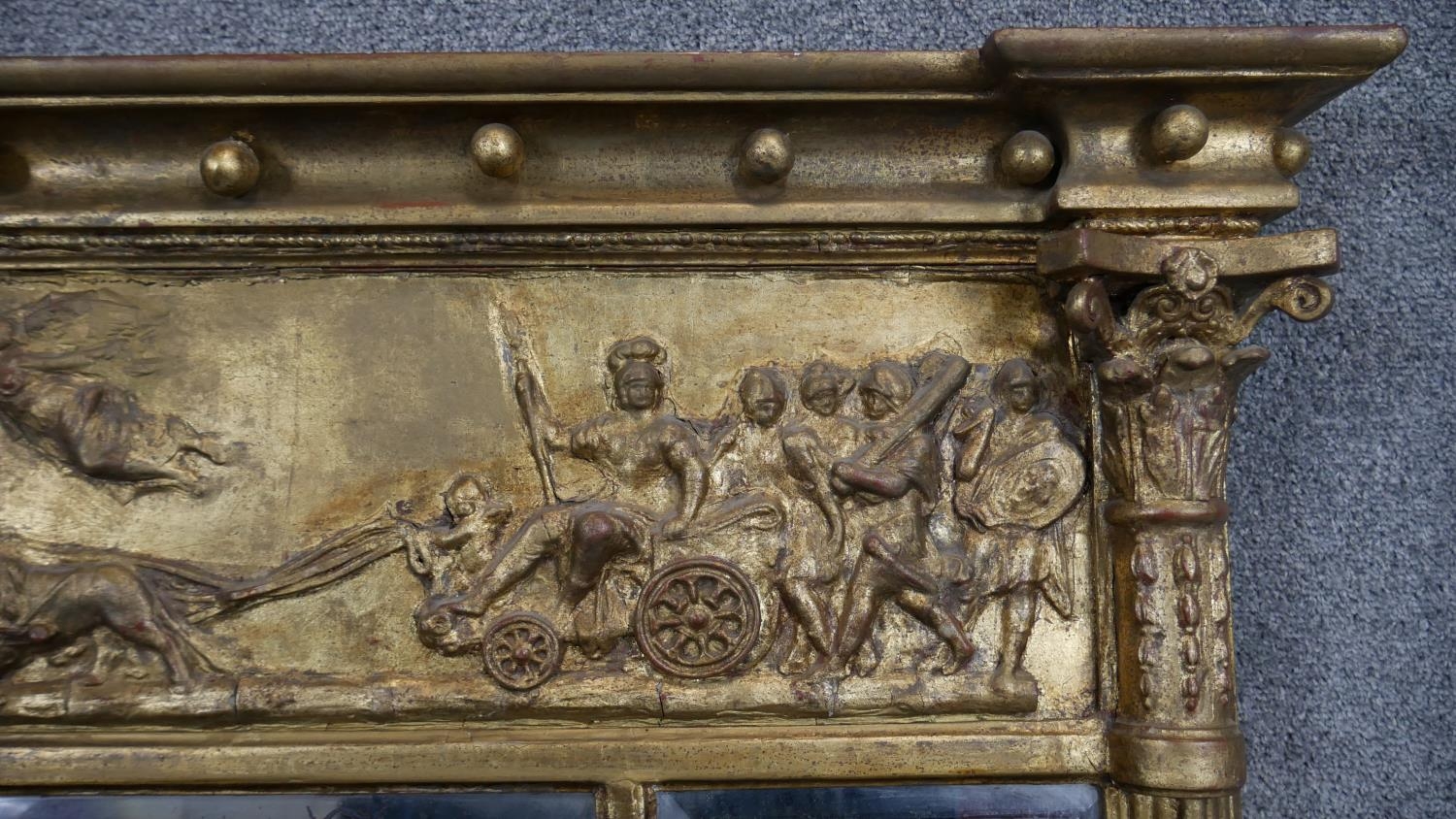 A Regency gilt overmantel mirror with ball decorated architectural cornice above frieze with - Image 3 of 6