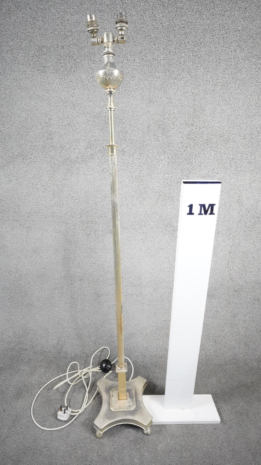 A vintage silver plated height adjustable two bulb standard lamp with reeded column, X-shape base - Image 7 of 7