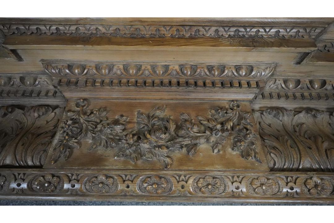 A George II mid 18th century pine breakfront chimney piece architrave carved with acanthus, egg and - Image 2 of 8