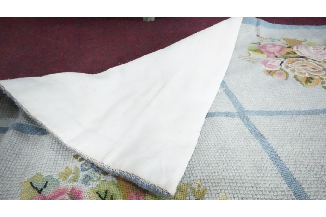 A duck egg blue needlepoint carpet with geometric motifs. H.400 W.494 - Image 5 of 7