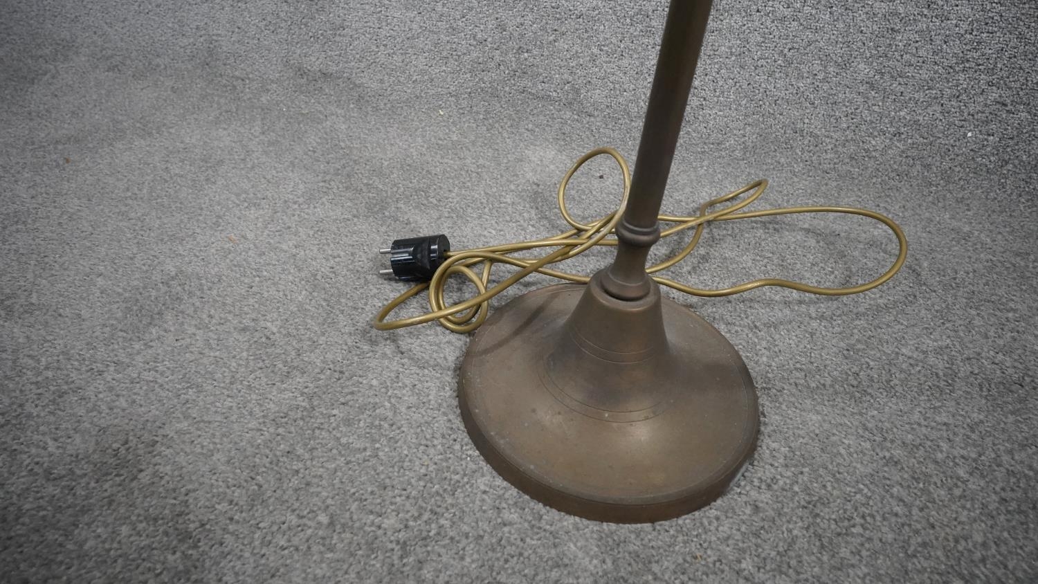 A vintage solid brass height adjustable swing arm floor lamp with triangular shade and circular - Image 4 of 6