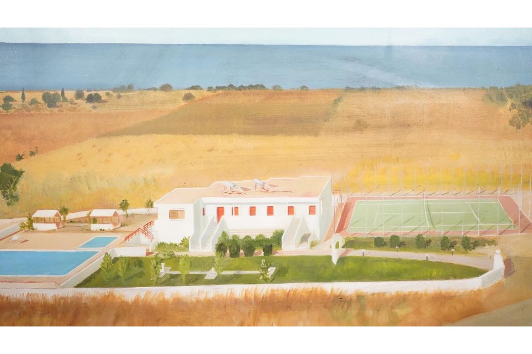 A framed mid century oil on canvas of a landscape with housing and a tennis court. Unsigned. H.62 - Image 1 of 4