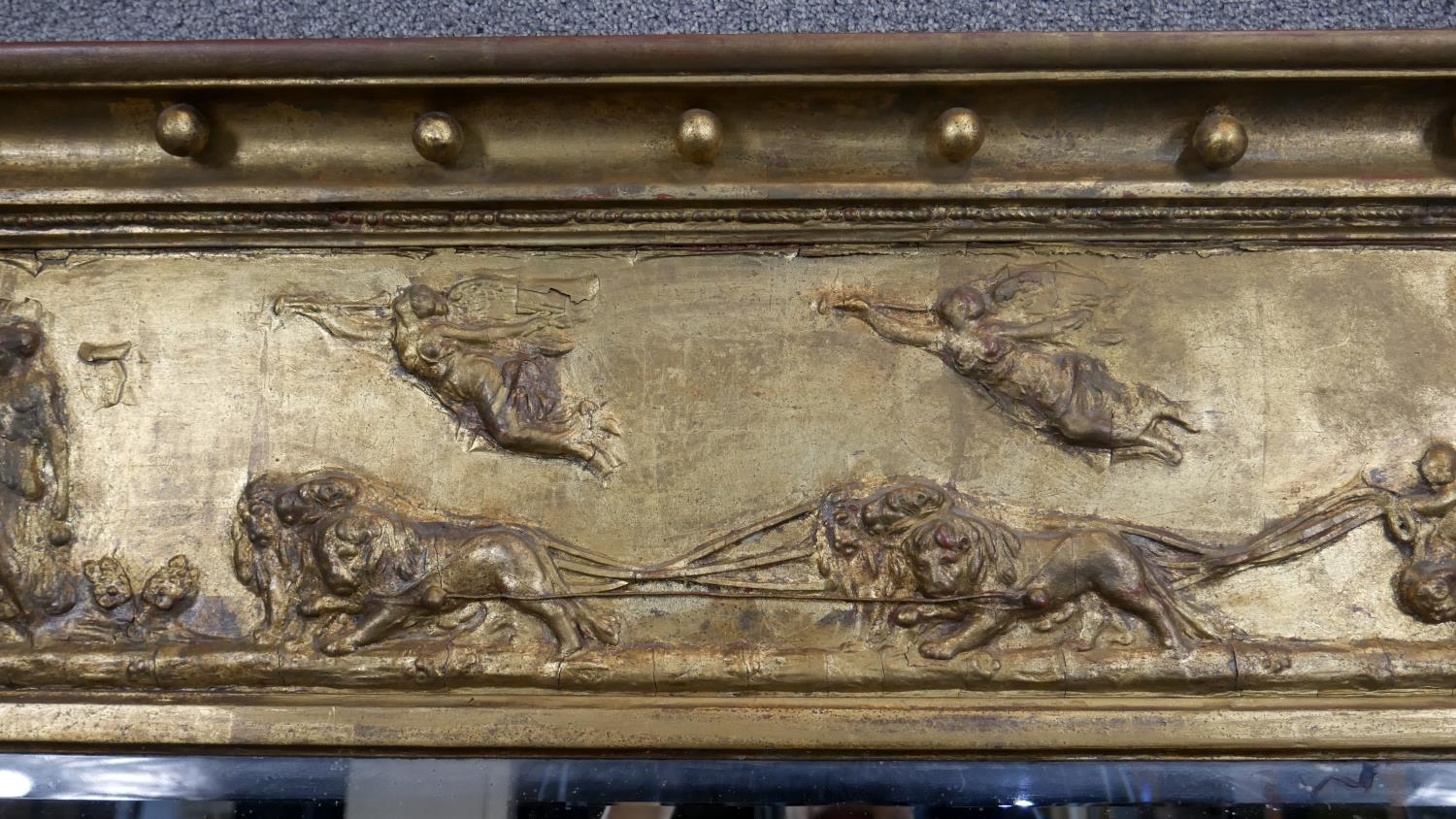 A Regency gilt overmantel mirror with ball decorated architectural cornice above frieze with - Image 4 of 6