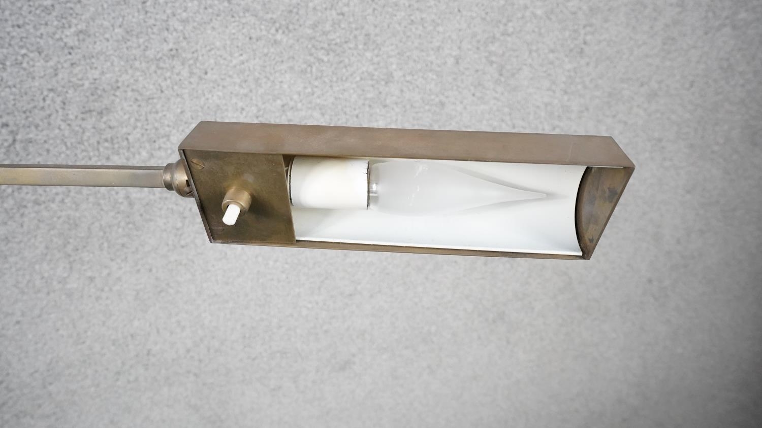A vintage solid brass height adjustable swing arm floor lamp with triangular shade and circular - Image 2 of 6