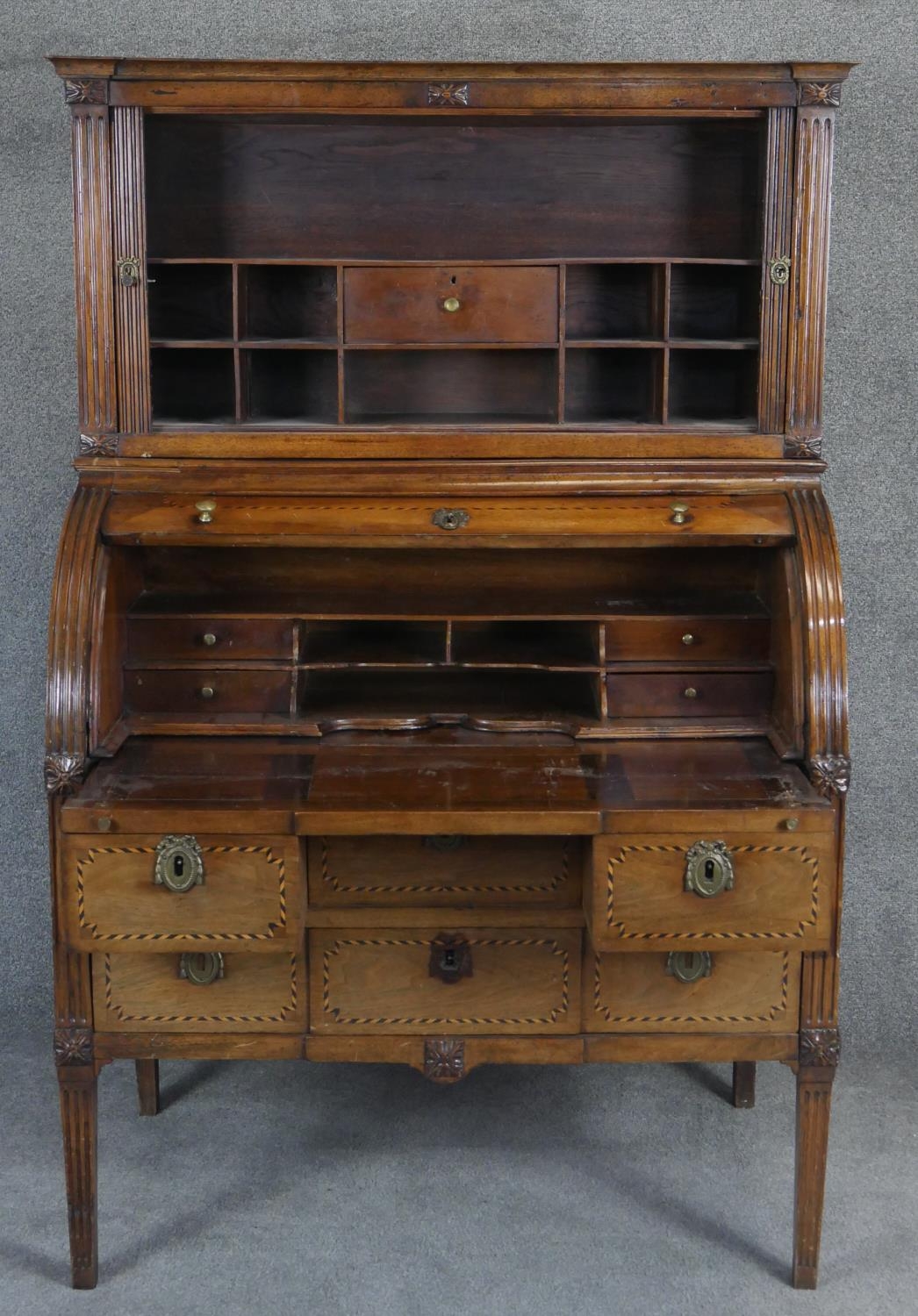 A 19th century Continental mahogany and ebony and satinwood inlaid cylinder bureau cabinet with - Image 3 of 5