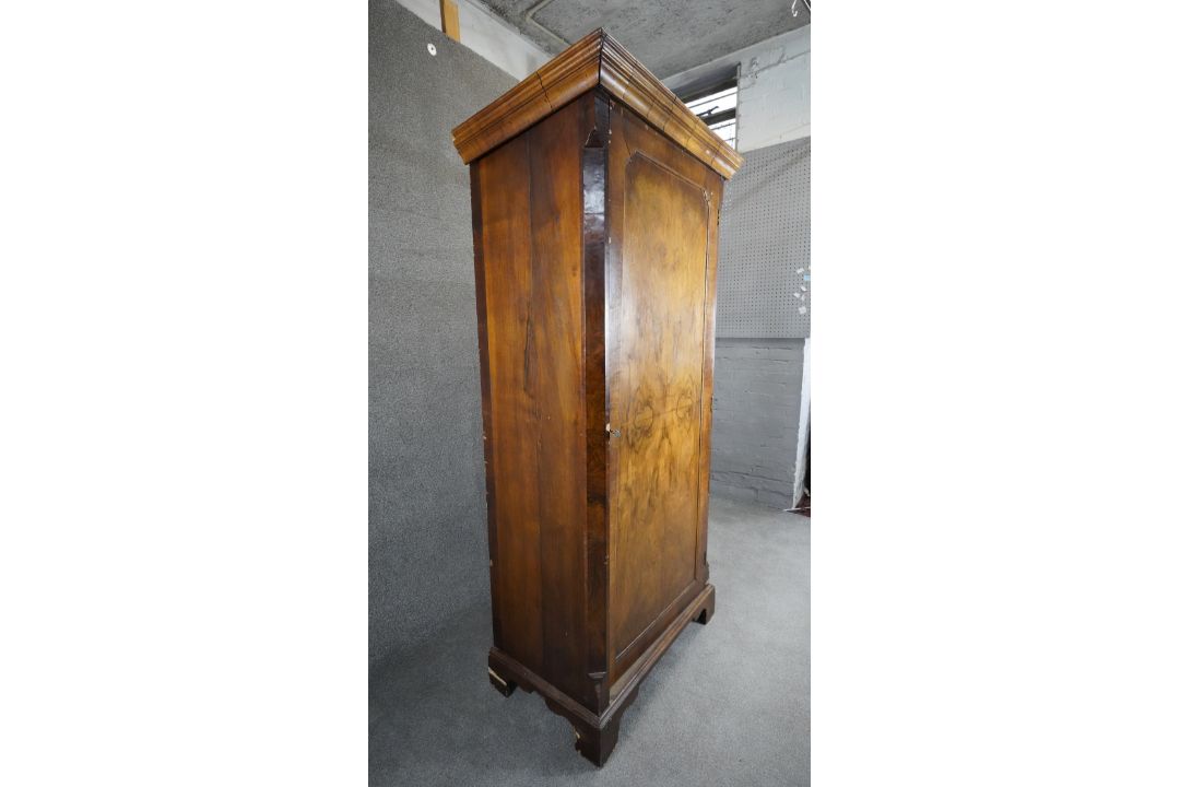 A mid century early Georgian style burr walnut wardrobe with panel door enclosing hanging space on - Image 4 of 10