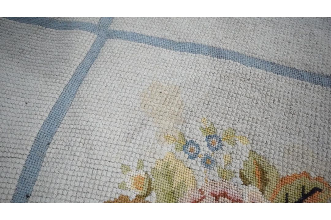 A duck egg blue needlepoint carpet with geometric motifs. H.400 W.494 - Image 7 of 7
