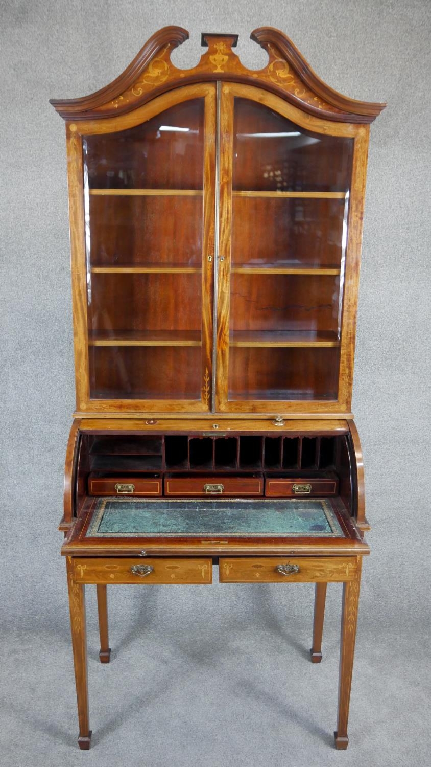 An Edwardian mahogany cylinder bureau bookcase with profuse all over satinwood Ho Ho bird, dragon, - Image 3 of 6