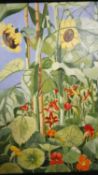 A framed oil on canvas of sunflowers and nasturtiums. Signed Moreau. H.54 W.44