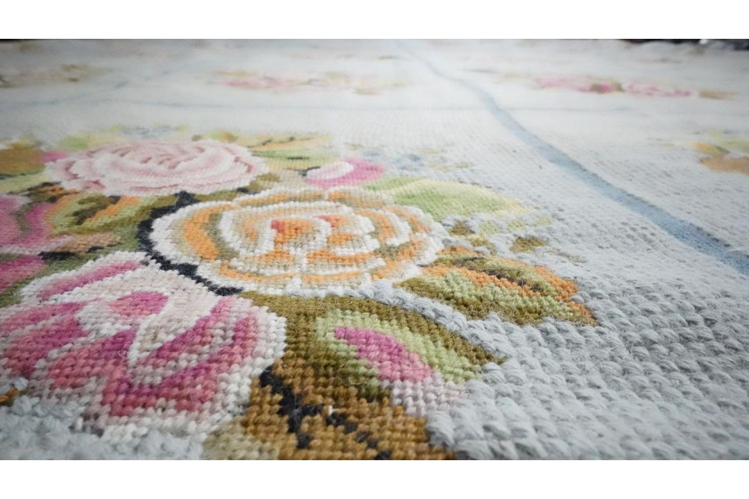 A duck egg blue needlepoint carpet with geometric motifs. H.400 W.494 - Image 3 of 7