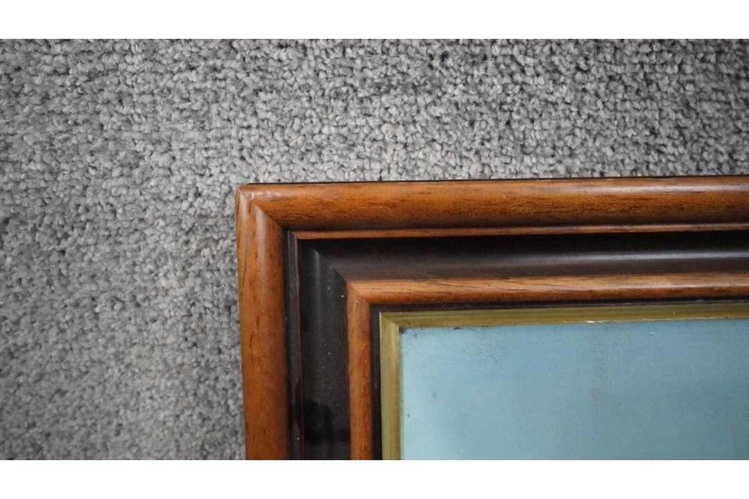 A framed mid century oil on canvas of a landscape with housing and a tennis court. Unsigned. H.62 - Image 3 of 4