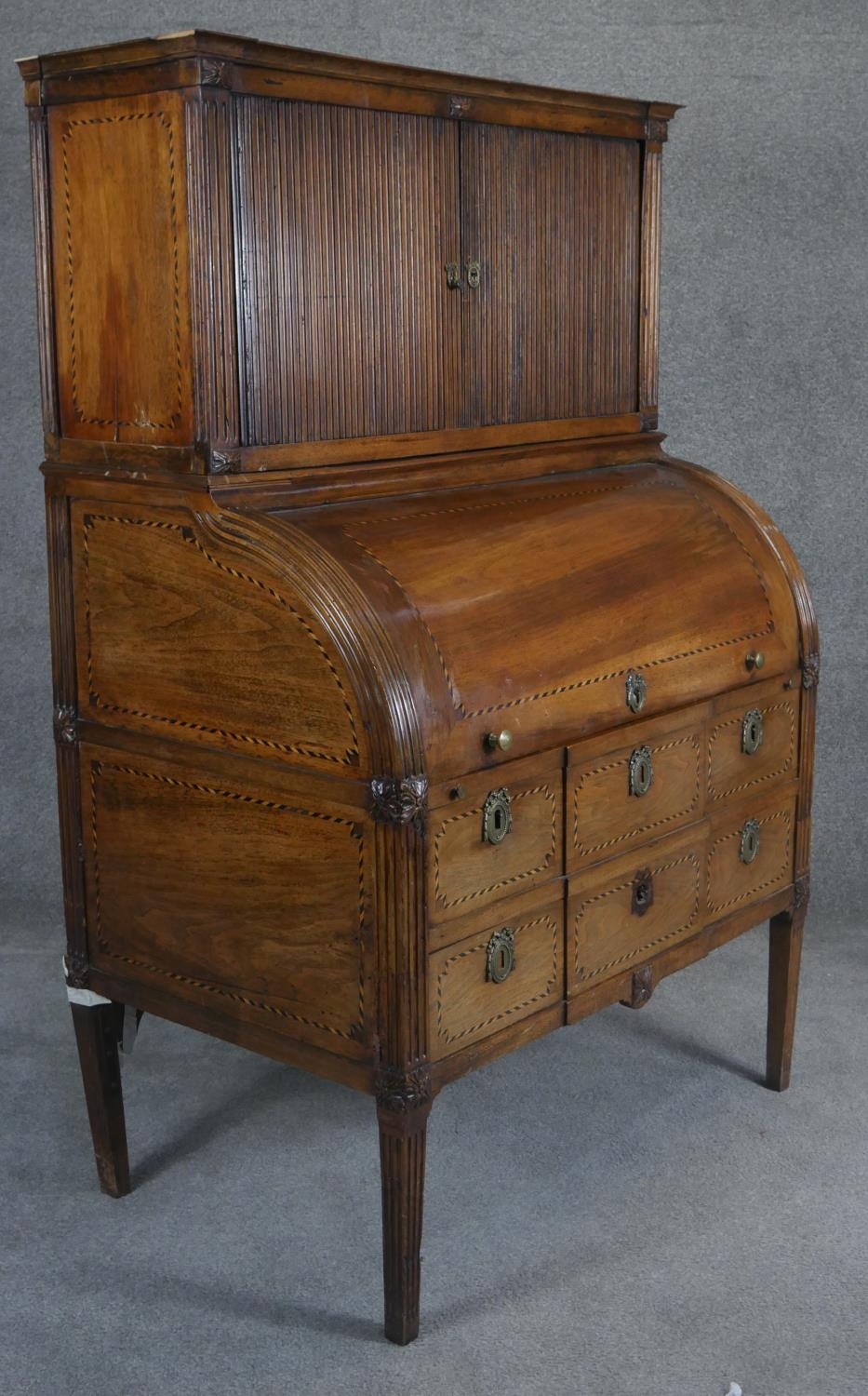A 19th century Continental mahogany and ebony and satinwood inlaid cylinder bureau cabinet with - Image 2 of 5
