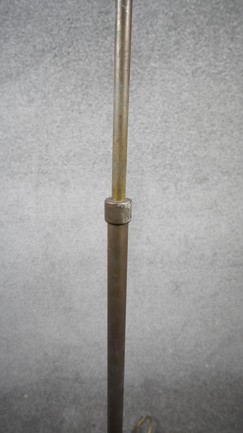 A vintage solid brass height adjustable swing arm floor lamp with triangular shade and circular - Image 3 of 6