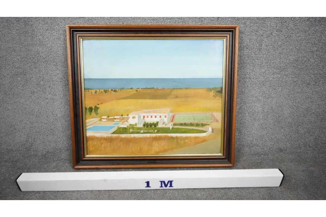 A framed mid century oil on canvas of a landscape with housing and a tennis court. Unsigned. H.62 - Image 4 of 4