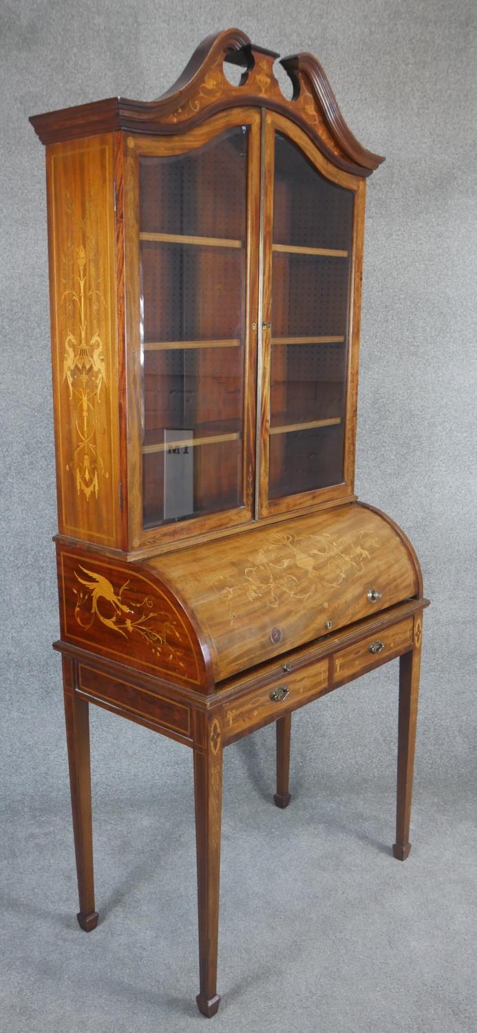 An Edwardian mahogany cylinder bureau bookcase with profuse all over satinwood Ho Ho bird, dragon, - Image 2 of 6
