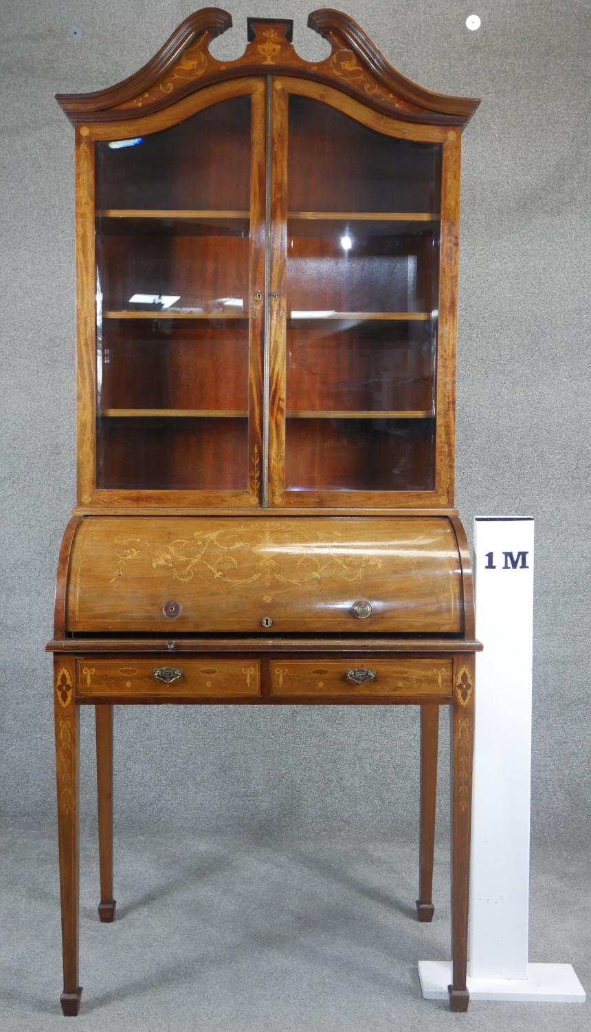 An Edwardian mahogany cylinder bureau bookcase with profuse all over satinwood Ho Ho bird, dragon, - Image 6 of 6