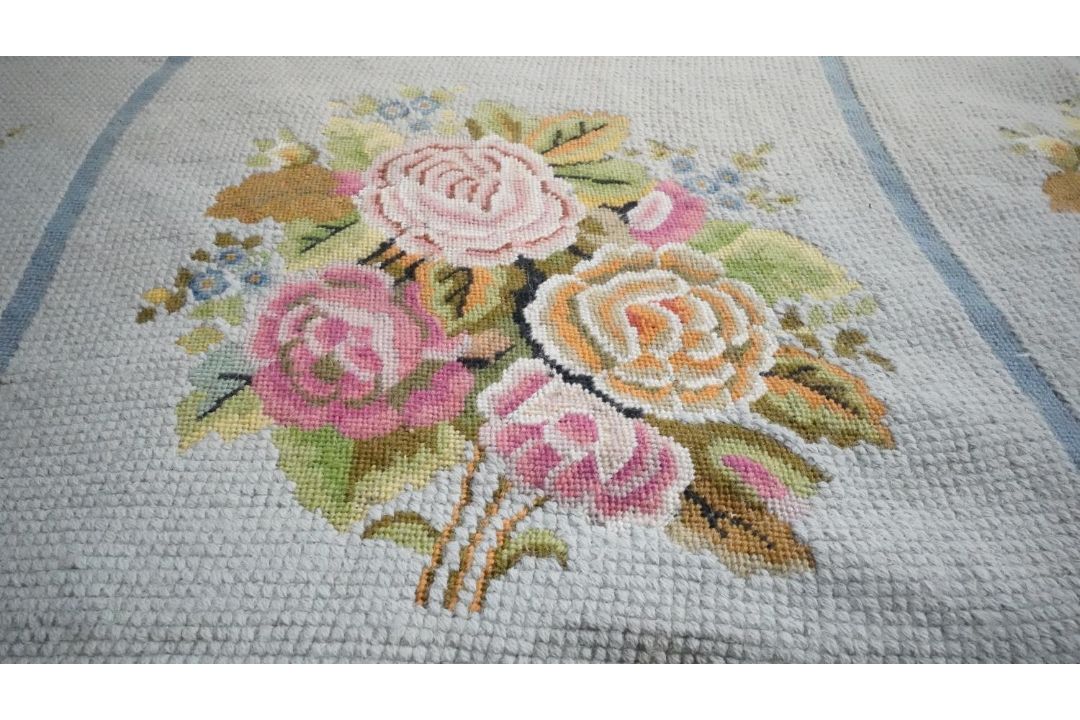 A duck egg blue needlepoint carpet with geometric motifs. H.400 W.494 - Image 2 of 7