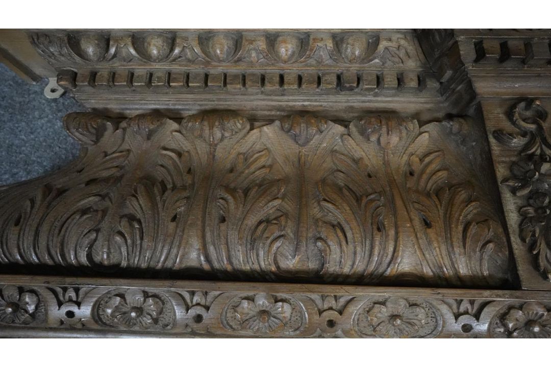 A George II mid 18th century pine breakfront chimney piece architrave carved with acanthus, egg and - Image 3 of 8