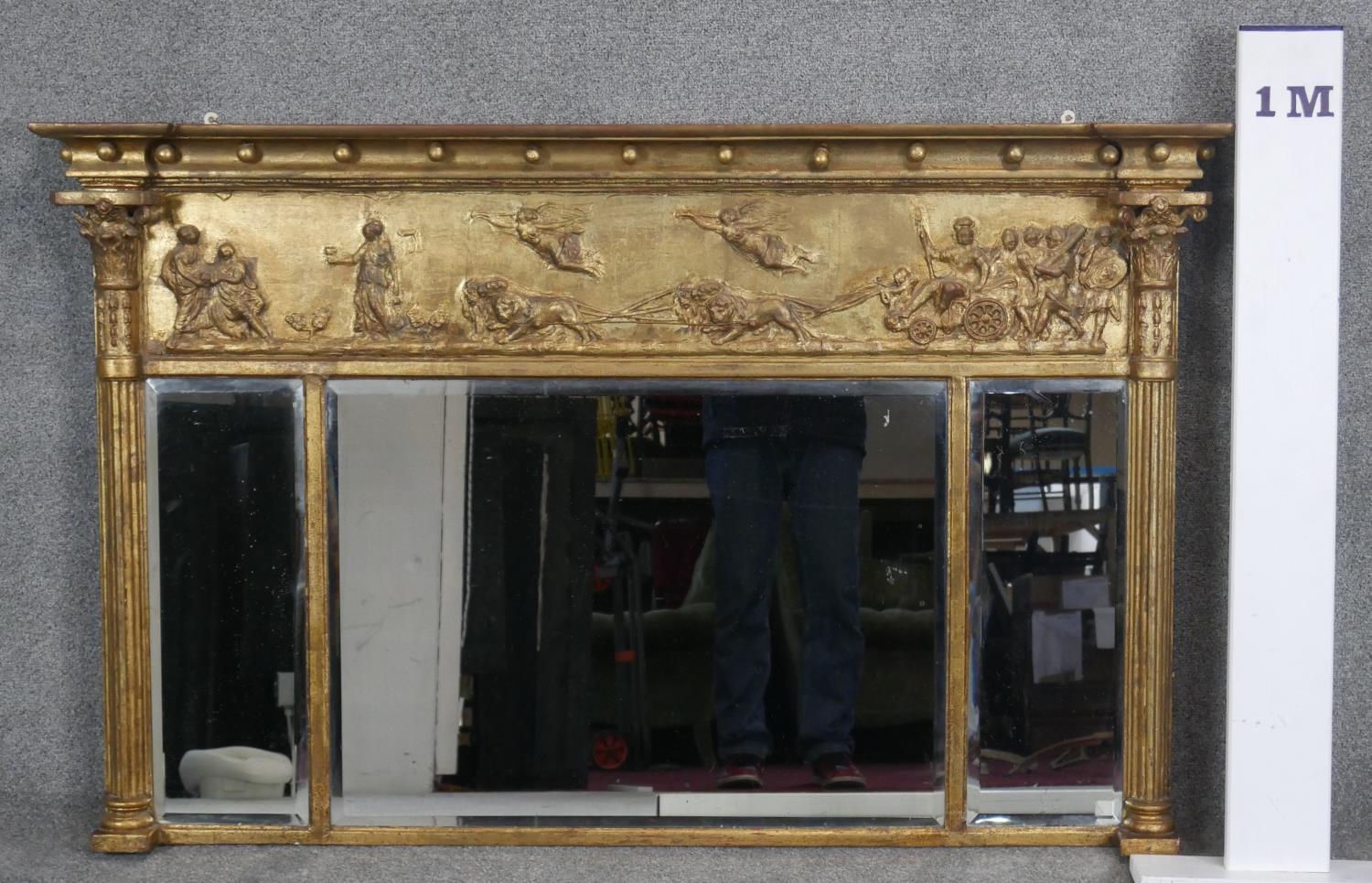 A Regency gilt overmantel mirror with ball decorated architectural cornice above frieze with - Image 6 of 6