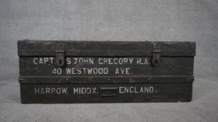 A vintage painted wood bound travelling trunk with twin carrying handles. H.36 W.100 D.48cm