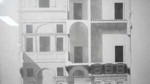 A framed and glazed engraving of an architectural section of a building. H.62 W.67cm