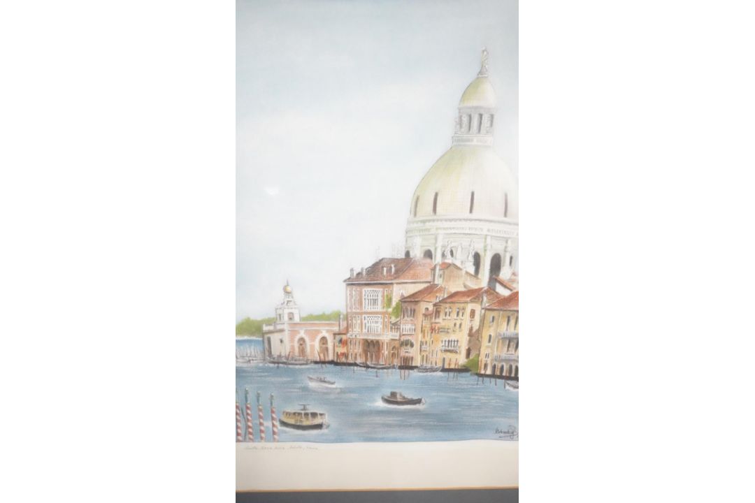 A framed and glazed watercolour of Santa Maura Della Salute. Indistinctly signed. H.89 W.75 - Image 3 of 6