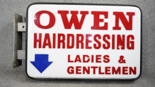 A vintage wall mounted light up advertising sign for Owen Hairdressing. (Bulbs missing) H.68 W.106