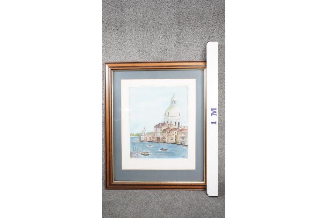 A framed and glazed watercolour of Santa Maura Della Salute. Indistinctly signed. H.89 W.75 - Image 1 of 6
