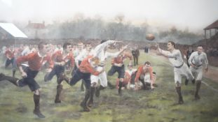 A framed and glazed coloured print of 'The Rugby Match' painted by W.B. Wollen R.I. H.76 W.107cm