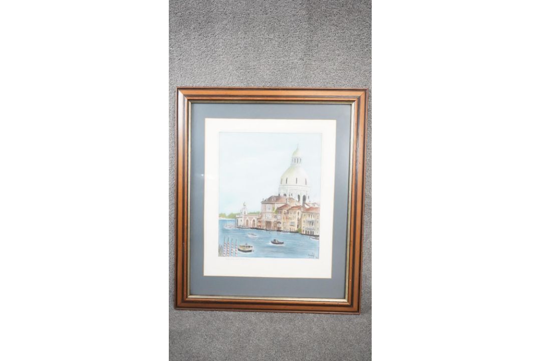 A framed and glazed watercolour of Santa Maura Della Salute. Indistinctly signed. H.89 W.75 - Image 2 of 6
