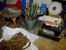 THREE LENGTHS OF ROPE, MIXED ELECTRICALS AND TOOLS, VINTAGE STOOL A/F