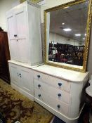AN ANTIQUE PAINTED THREE DRAWER CHEST, TWO DOOR CUPBOARD AND TALLER CUPBOARD (3)
