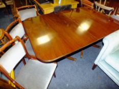 A 'BRIGHTS OF NETTLEBED' REPRODUCTION MAHOGANY TWIN PEDESTAL DINING TABLE WITH ONE ADDITIONAL LEAF
