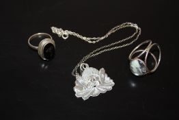 A SILVER PENDANT ON CHAIN, LOCKET RING AND ANOTHER (3)