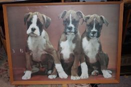 A LARGE FRAMED AND GLAZED PRINT OF PUPPIES, OVERALL SIZE INC FRAME 97CM X 71CM
