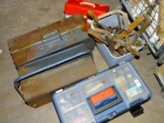 TWO METAL TOOL BOXES PLUS A PLASTIC EXAMPLE WITH CONTENTS TOGETHER WITH A SMALL TUB OF TOOLS A/F AND