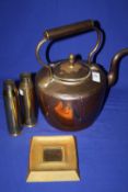 A PAIR OF TRENCH ART VASES TOGETHER WITH A COPPER KETTLE AND A BRASS ASH TRAY
