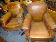 A PAIR OF VINTAGE CLUB STYLE LEATHER ?? ARMCHAIRS - NO SEAT CUSHIONS A/F (2)