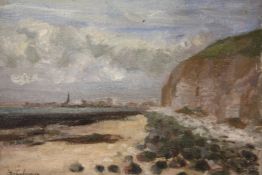 (XX). Stormy coastal scene with town in background, indistinctly signed lower left, oil on canvas,