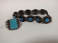 A SILVER AND TURQUOISE BRACELET AND DRESS RING, APPROX TOTAL WEIGHT 38.4G